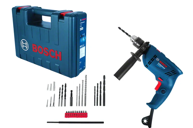 Bosch GSB 600 drill kit with multiple drill bits and case.