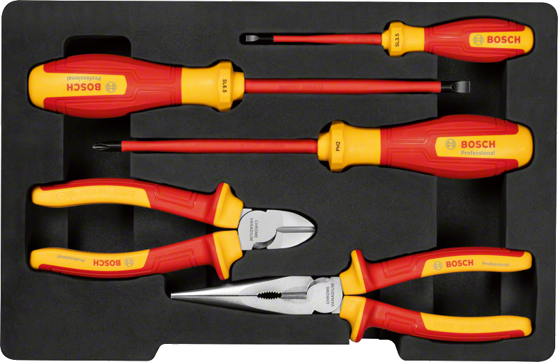 Bosch VDE Mixed Set 5pc insulated screwdrivers and pliers.