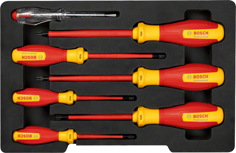 Bosch VDE 7-piece insulated screwdriver set for electrical work.