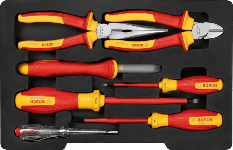 Bosch 7-piece VDE insulated screwdriver and plier set.