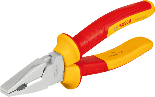 Bosch VDE combination plier with insulated red and yellow handles.
