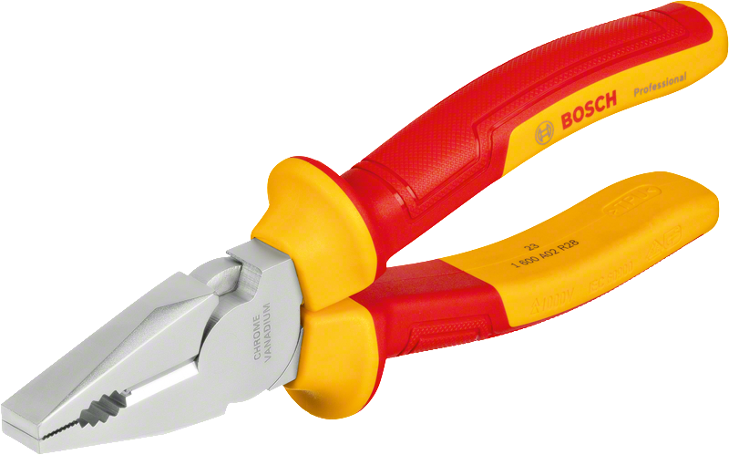 Bosch VDE combination plier with insulated red and yellow handles.