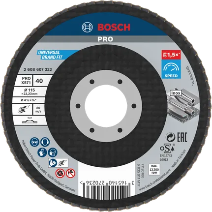 Bosch PRO X571 Flap Disc 115mm G40 for metal grinding.