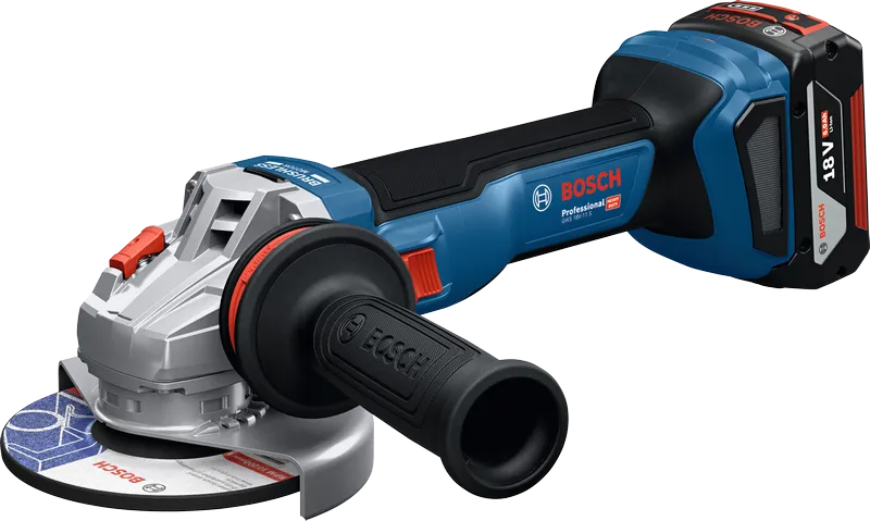 Bosch GWS 18V-11 cordless angle grinder with 5Ah battery.