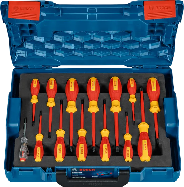 Bosch VDE screwdriver set in open blue case.