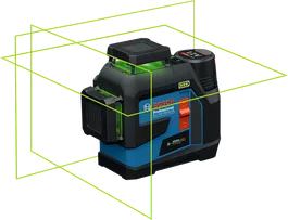 Bosch GLL 12V-100-33 CG laser leveling tool with green beams.