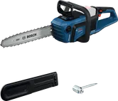 Bosch GKE 18V-40 cordless chainsaw with cover and tool.
