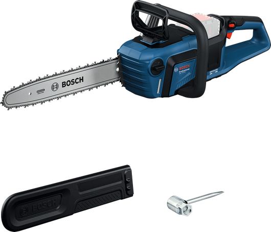 Bosch GKE 18V-40 cordless chainsaw with cover and tool.