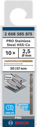 Bosch PRO Stainless Steel HSS-Co 2.5 mm drill bit pack.