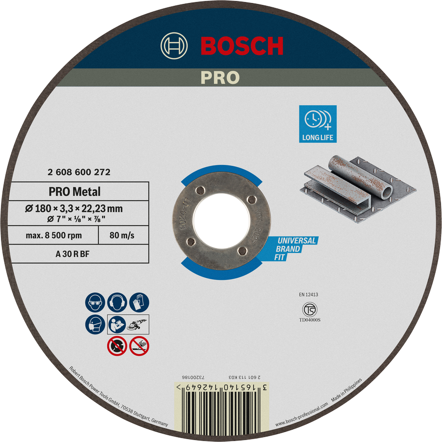 Bosch PRO Metal Cutting Disc 180 x 3 x 22.23 mm, long life.