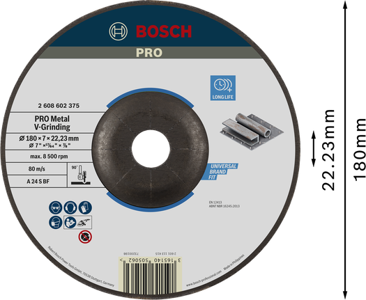 Bosch PRO Metal V-Grinding Disc 180 x 7 x 22.23 mm.