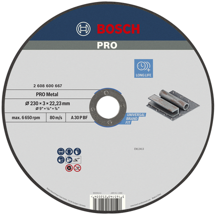 Bosch PRO Metal Cutting Disc 230 mm for long life use.