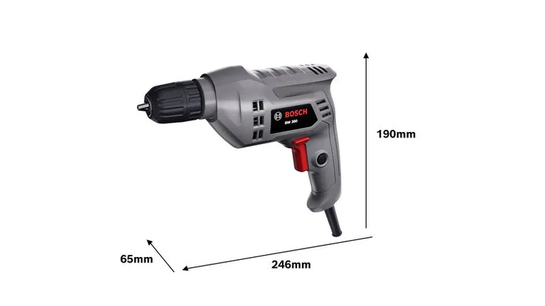 Bosch BM380 electric drill, dimensions displayed.
