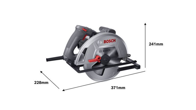 Bosch KS 120 circular saw with dimensions shown.