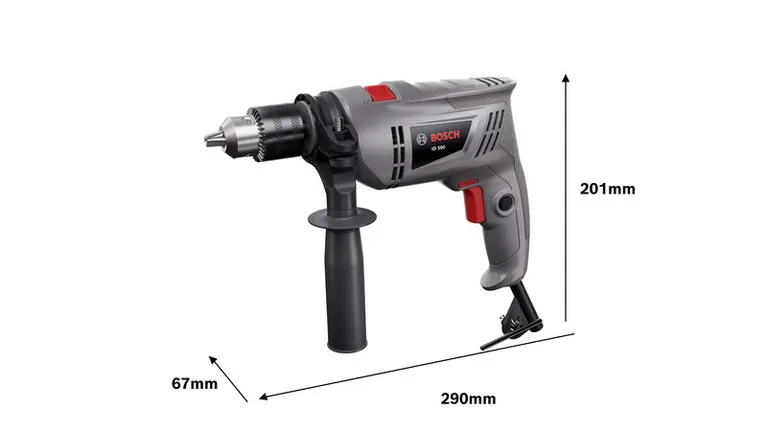 Bosch ID 500 drill with side handle, 290mm length.
