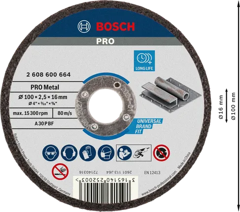 Bosch PRO Metal Cutting Disc, 100 x 2.5 x 16 mm.