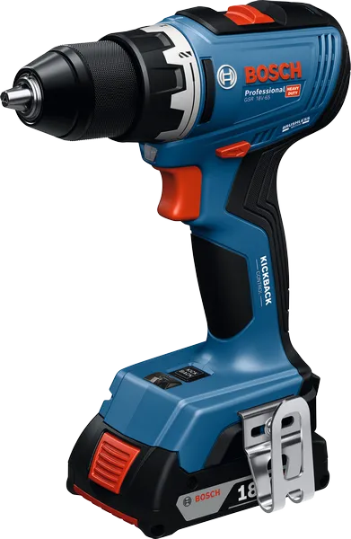 Bosch GSR 18V-65 cordless drill with 2Ah battery.
