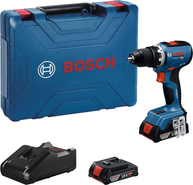Bosch GSR 18V-65 cordless drill set with case.
