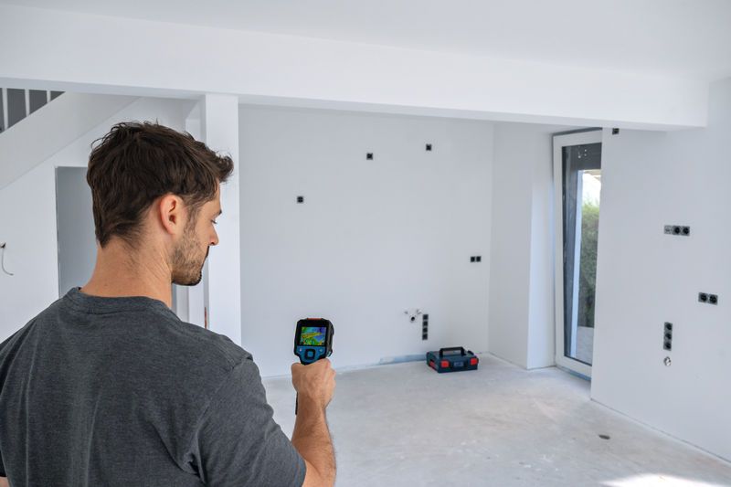 A person scans a white wall with a thermo camera in an unfinished room.