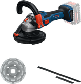 Bosch GBR 18V-15 S cordless concrete grinder with accessories.