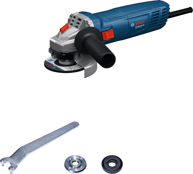 Bosch GWS 700-100 angle grinder with side handle and accessories.
