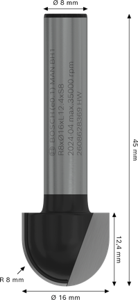 Bosch PRO Router Bit Core Box R 8 mm shank, rounded tip.