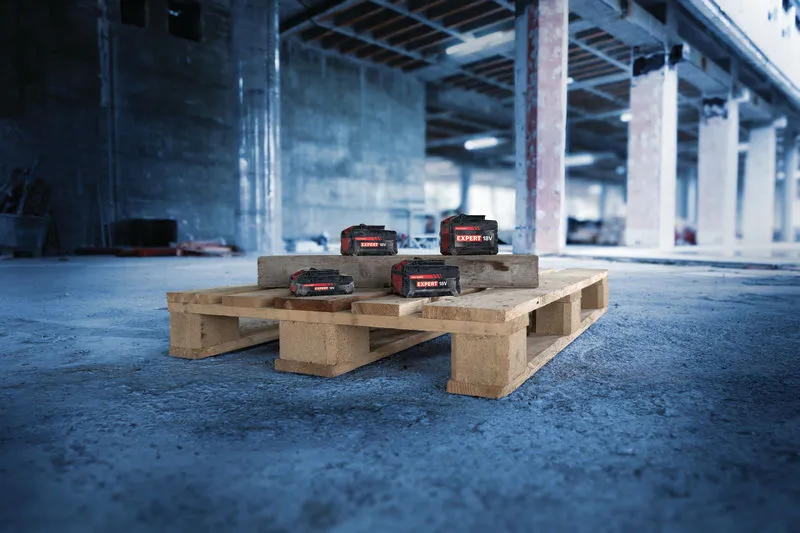 Bosch 18V Expert battery packs on a wooden pallet.