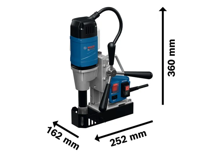 Bosch GBM 38 magnetic core drill with size dimensions.