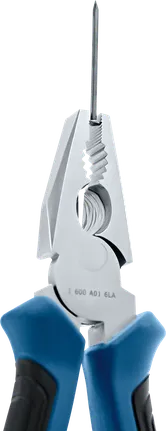 Combination pliers grip a metal nail for precise handling.