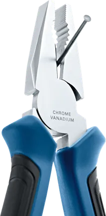 Pliers gripping a nail with blue and black handles.