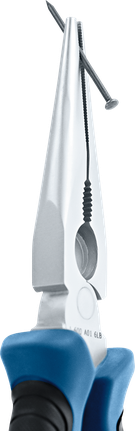Needle-nose pliers gripping a nail.