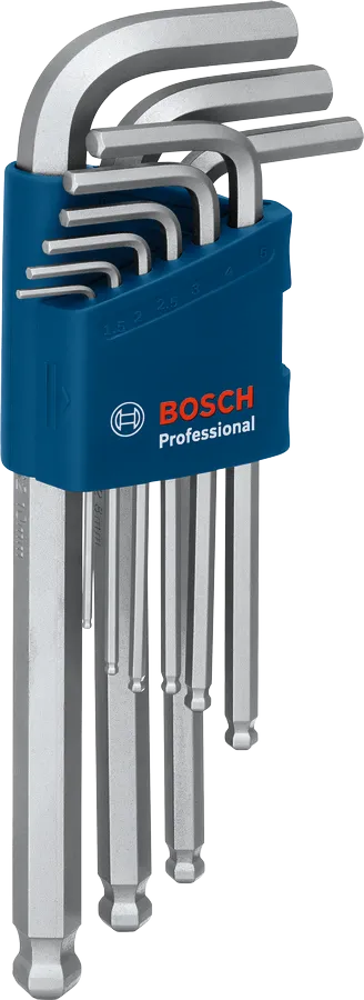 Bosch 9 piece S2 hex Allen key set in blue holder.