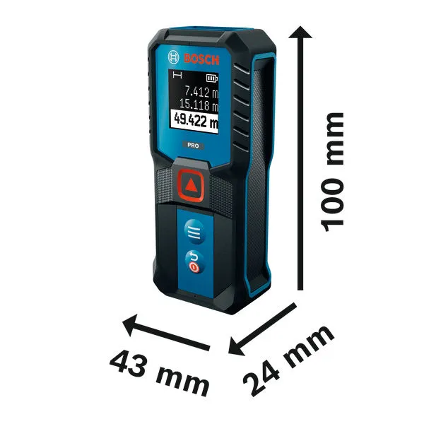 Bosch GLM50-21 laser measure with dimension labels.