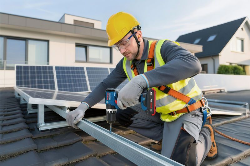 A person wearing safety equipment installs a solar panel frame with a cordless drill.