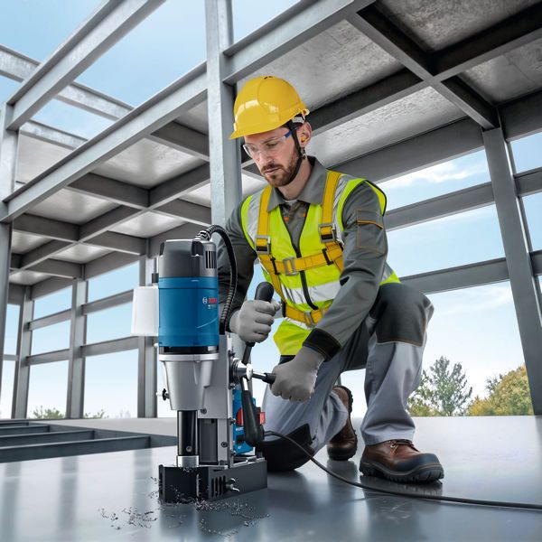 A person wearing safety equipment operates a magnetic core drill on a steel beam.