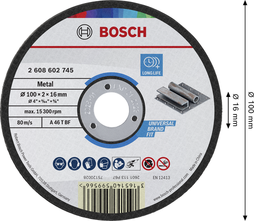 Bosch metal cutting disc 100 x 2 x 16 mm for long life.