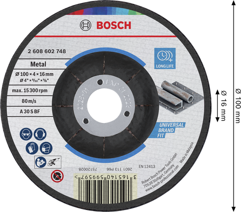 Bosch metal grinding disc 100 x 4 x 16 mm for universal fit.