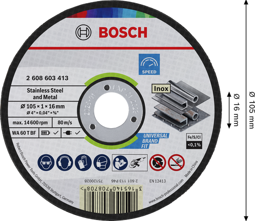 Bosch stainless steel and metal cutting disc 105 x 1 x 16 mm.
