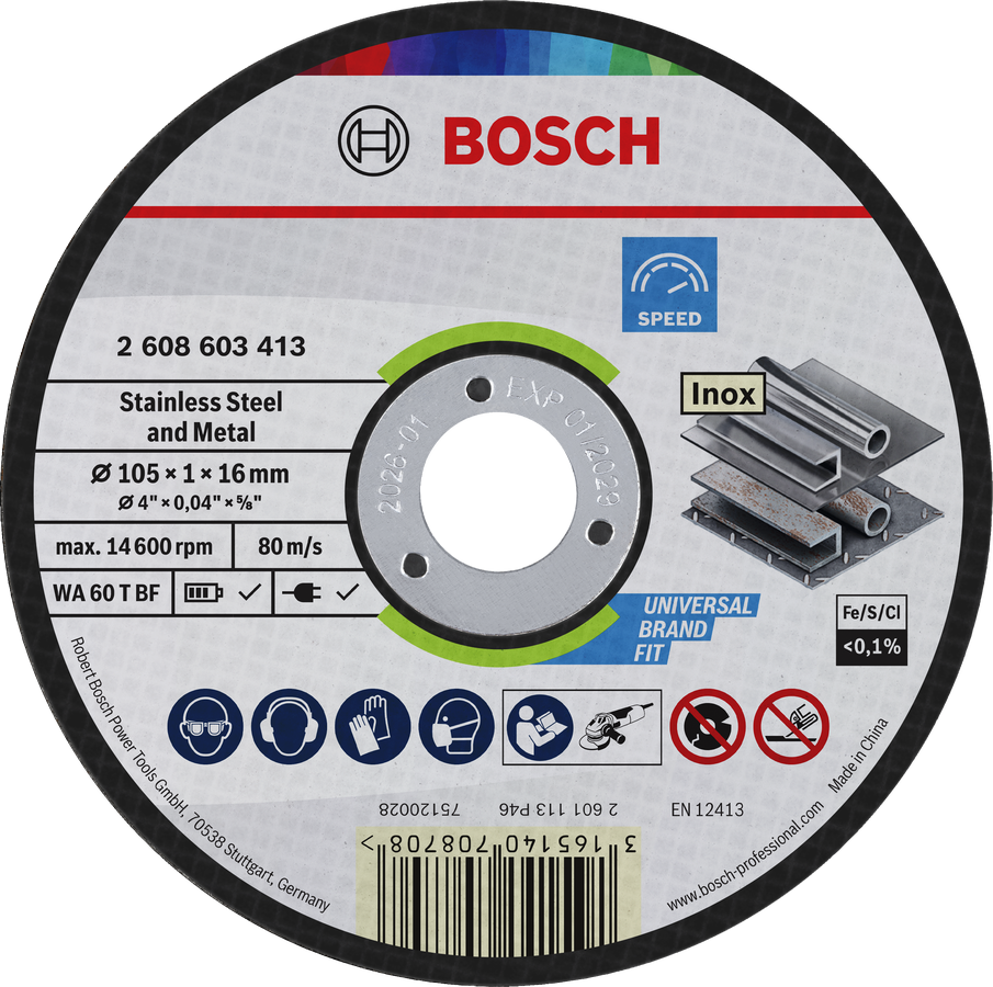 Bosch stainless steel and metal cutting disc 105 x 1 x 16 mm.