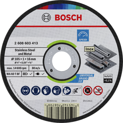 Bosch stainless steel and metal cutting disc 105 x 1 x 16 mm.