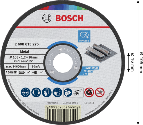 Bosch metal cutting disc 105 x 1.2 x 16 mm.