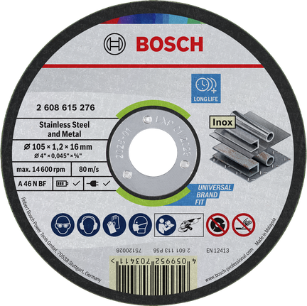 Bosch stainless steel and metal cutting disc 105 x 1.2 x 16 mm.