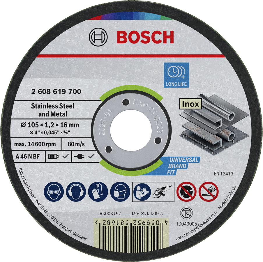 Bosch stainless steel and metal cutting disc 105 x 1.2 x 16 mm.