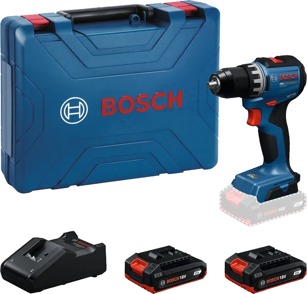 Bosch GSR18V-52 cordless drill set with case and batteries.