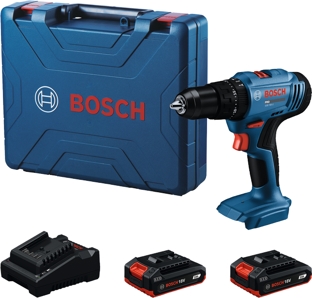 Bosch GSB 183-LI cordless drill set with case.