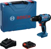 Bosch GSB 183-LI cordless drill set with battery and charger.