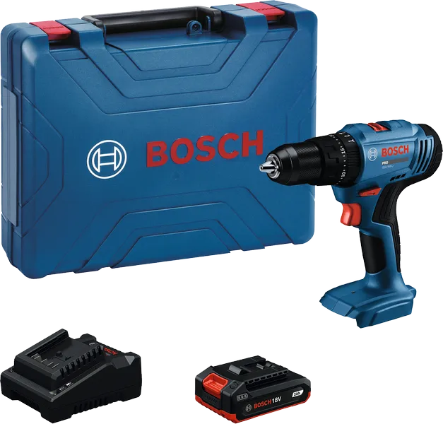 Bosch GSB 183-LI cordless drill set with battery and charger.