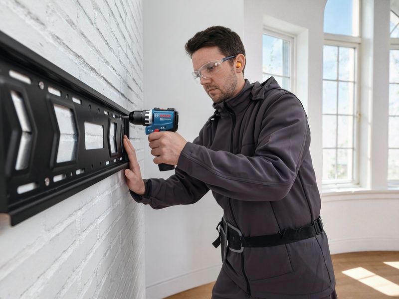 A person wearing safety equipment uses a cordless drill to install a wall mount.