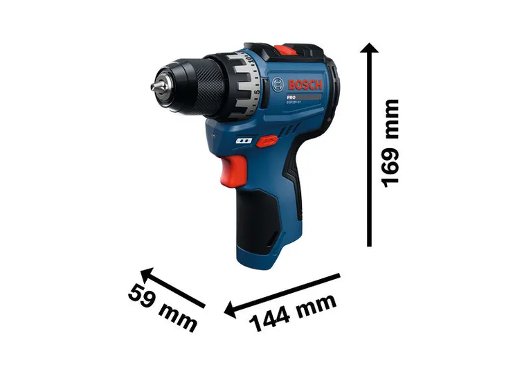 Bosch GSR12V-31 cordless drill with dimensions shown.