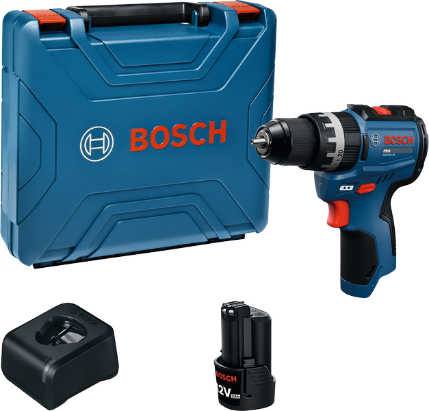 Bosch GSB 12V-31 cordless drill set with case, battery, and charger.